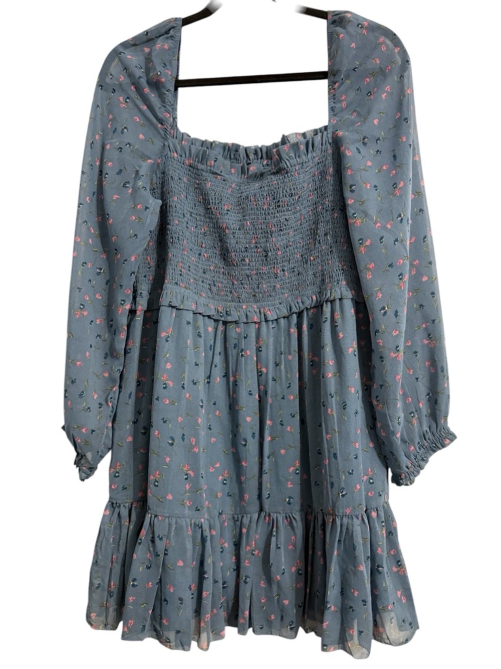 BLUE FLORAL SMOCKED TIERED LONG SLEEVE MINI DRESS SIZE XL